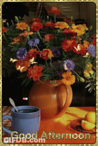 Bouquet Of Flowers In Vase Saying Good Afternoon GIF