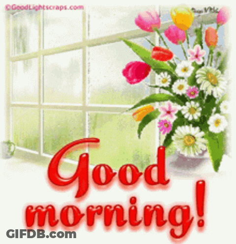 Bouquet Of Flowers In Window Saying Good Morning GIF