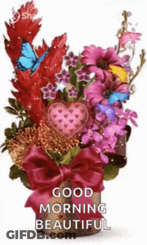 Bouquet Of Flowers With Butterflies And Good Morning Message GIF