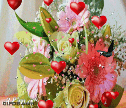 Bouquet Of Flowers With Red Hearts And Name Alma GIF