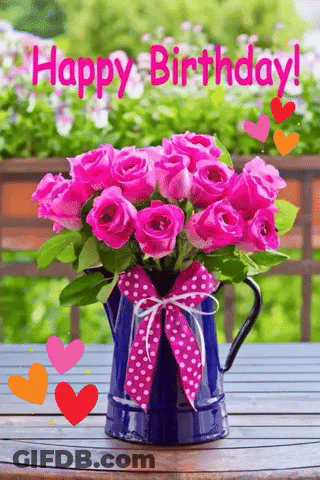 Bouquet Of Pink Roses In Blue Pitcher Happy Birthday GIF