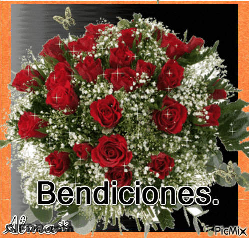 Bouquet Of Red Roses And Baby's Breath Saying Bendiciones GIF