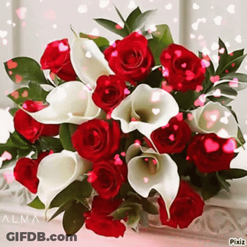 Bouquet Of Red Roses And White Lilies With Flying Hearts GIF