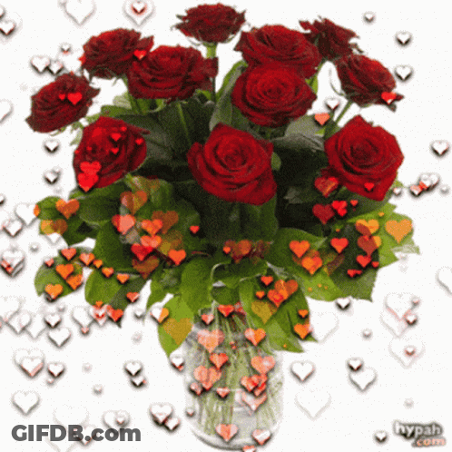 Bouquet Of Red Roses In Vase With Hearts GIF