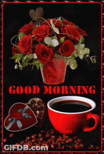 Bouquet Of Red Roses Next To Coffee And Heart Gift Box GIF