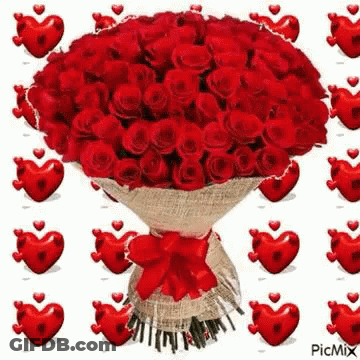 Bouquet Of Red Roses Surrounded By Hearts GIF