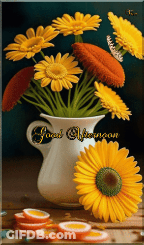 Bouquet Of Yellow Daisies In White Vase Saying Good Afternoon GIF