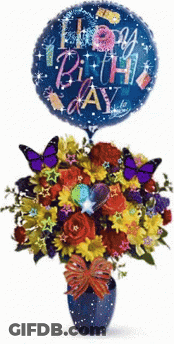 Bouquet With Blue Balloon Happy Birthday GIF
