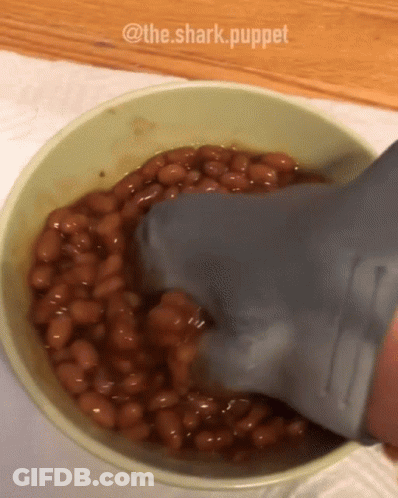 Bowl Of Baked Beans With Shark Puppet GIF