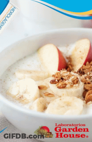 Bowl Of Cereal With Bananas Granola And Milk Labeled Laboratorios Garden House GIF