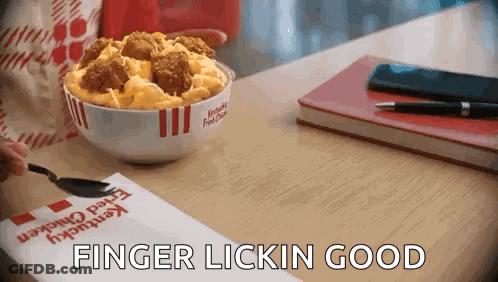 Bowl Of Fried Chicken And Macaroni And Cheese With Pen And Notebook GIF