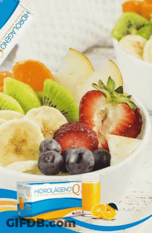 Bowl Of Fruit Next To Box Of Hidrolageno GIF