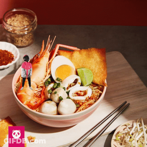 Bowl Of Noodles With Shrimp Eggs And Meatballs GIF