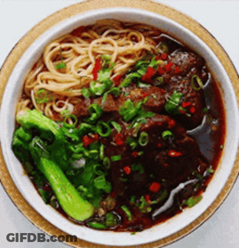 Bowl Of Soup With Noodles And Meat GIF
