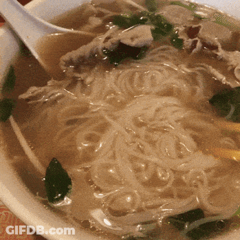 Bowl Of Soup With Noodles And Meat And Spoon GIF