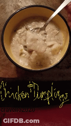 Bowl Of Soup With Spoon Saying Chicken Dumplings GIF