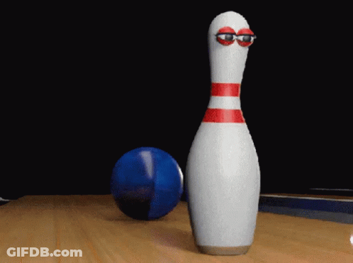 Bowling Pin With Googly Eyes About To Hit Ball GIF