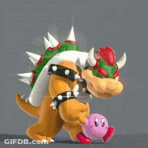 Bowser And Kirby Are Standing Next To Each Other On A Gray Surface . GIF