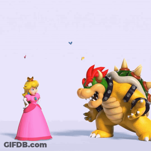 Bowser And Princess Peach Are Standing Next To Each Other And Bowser Is Holding A Flower GIF