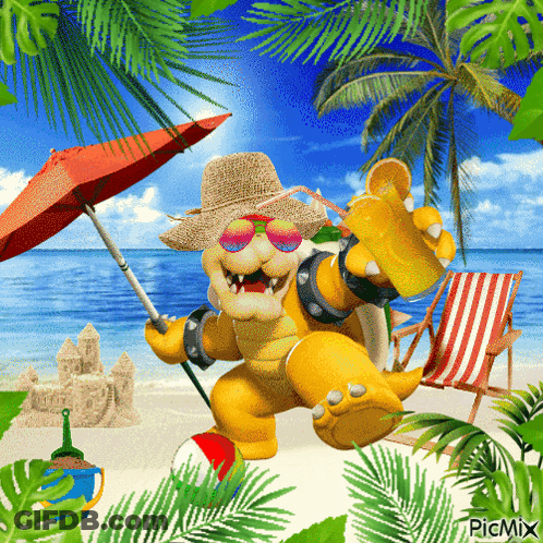 Bowser Holding Umbrella And Drink On Beach GIF