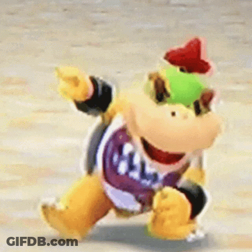 Bowser Is A Cartoon Character From The Video Game Super Mario Bros . He Is Wearing A Purple Shirt And A Red Hat . GIF