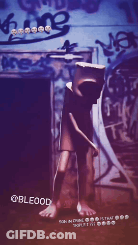 Box-Headed Cartoon Character Before Graffiti Wall GIF