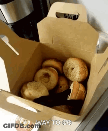 Box Of Bagels With Tongs Saying Way To Go GIF