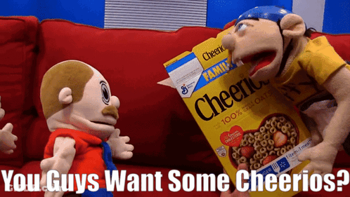 Box Of Cheerios On Couch With Stuffed Animals GIF