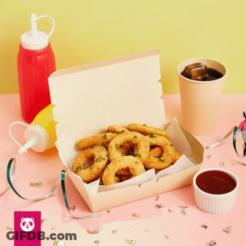 Box Of Onion Rings With Soda And Ketchup GIF