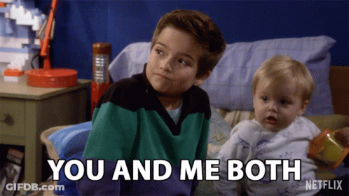 Boy And Baby Sitting On Bed Saying You And Me Both GIF