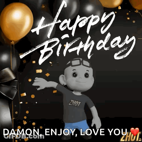 Boy And Dog Holding Balloons Birthday Card GIF