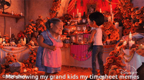 Boy And Elderly Woman Standing In Front Of Flowers GIF