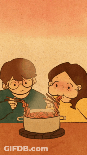Boy And Girl Eating Noodles With Chopsticks GIF