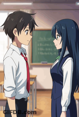 Boy And Girl Facing Each Other Blackboard GIF