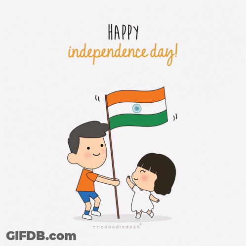 Boy And Girl Holding Flag Saying Happy Independence Day GIF