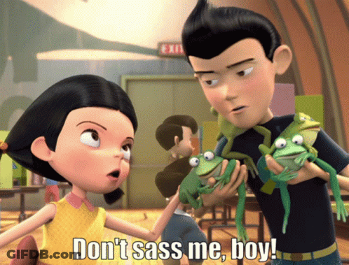 Boy And Girl Holding Frogs Saying Don't Sass Me Boy GIF