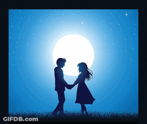Boy And Girl Holding Hands In Front Of Moon GIF