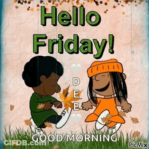 Boy And Girl Holding Leaves Saying Hello Friday GIF