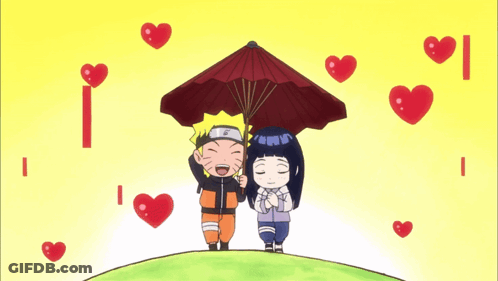 Boy And Girl Holding Umbrella Surrounded By Hearts GIF