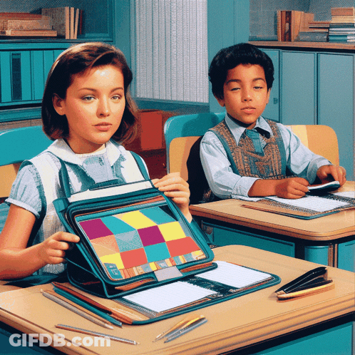 Boy And Girl In Classroom, Girl Holding Tablet GIF