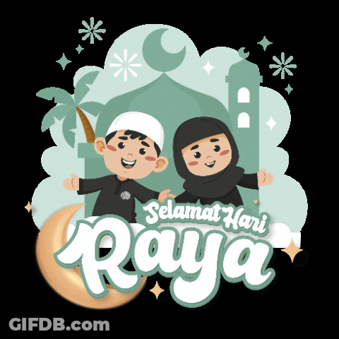 Boy And Girl In Front Of Mosque Saying Raya GIF