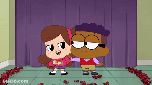 Boy And Girl In Front Of Purple Curtain GIF