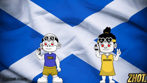 Boy And Girl In Front Of Scottish Flag Wearing Zhot Shirts GIF
