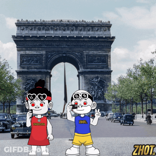 Boy And Girl In Front Of Triumphal Arch With Word Zhout GIF