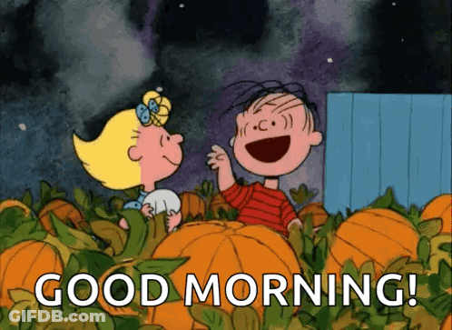 Boy And Girl In Pumpkin Field Saying Good Morning GIF