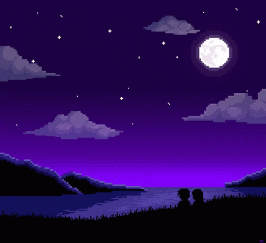 Boy And Girl On Riverbank On Starry Night GIF
