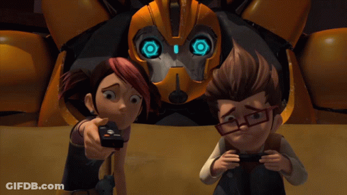 Boy And Girl Playing Video Game With Robot GIF