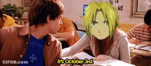 Boy And Girl Sitting At Table Saying It's October 3Rd GIF