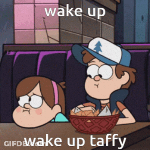 Boy And Girl Sitting At Table Saying Wake Up Wake Up Taffy GIF