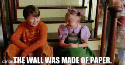 Boy And Girl Sitting On Stairs Saying The Wall Was Made Of Paper GIF
